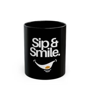 black coffee mug sip & smile funny quote gift for café lovers, office humor, birthday present, unique ceramic cup